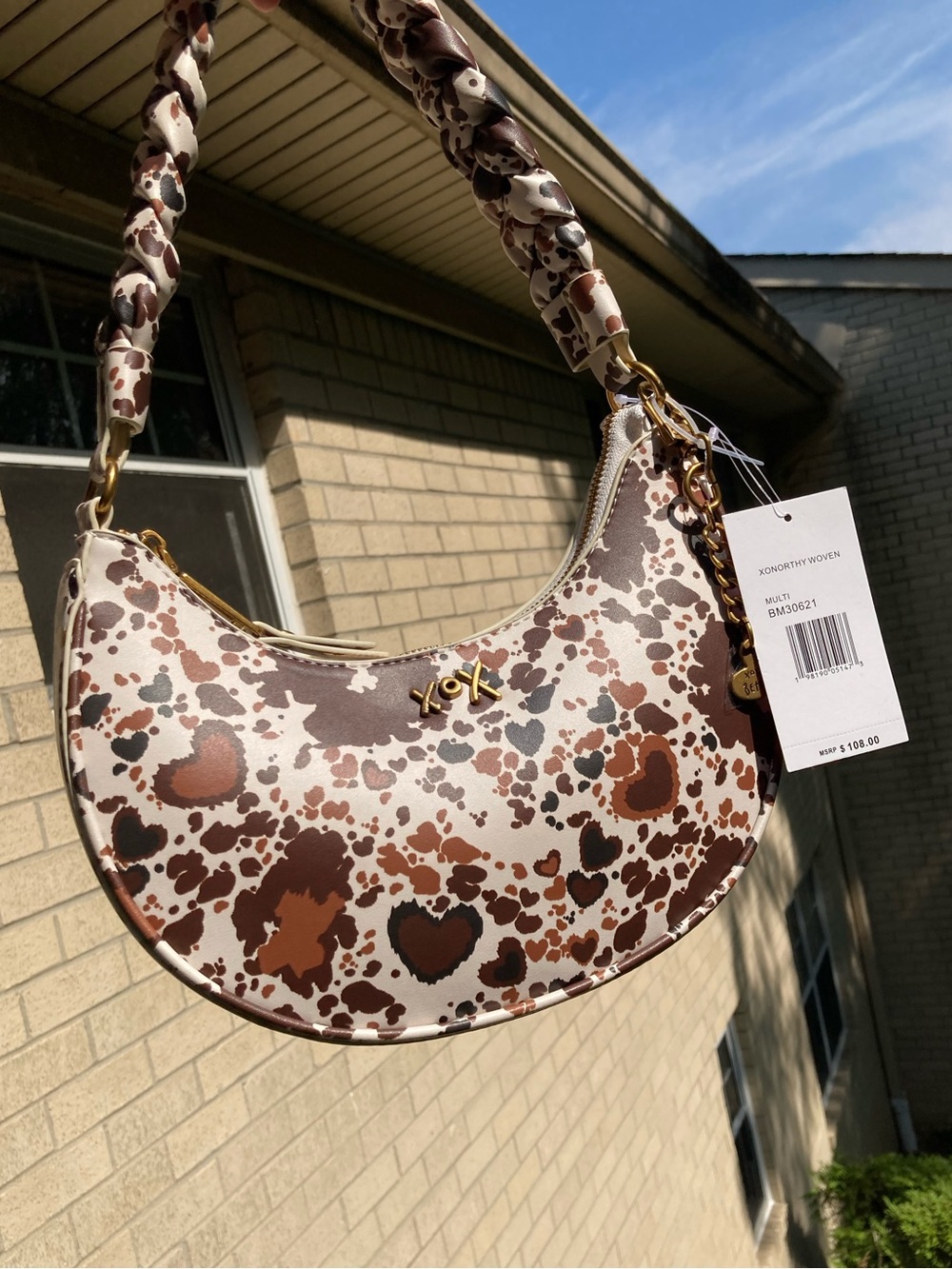 Betsey Johnson Crescent Shoulder Purse Brown White Cow Print Hearts Western - Picture 13 of 17